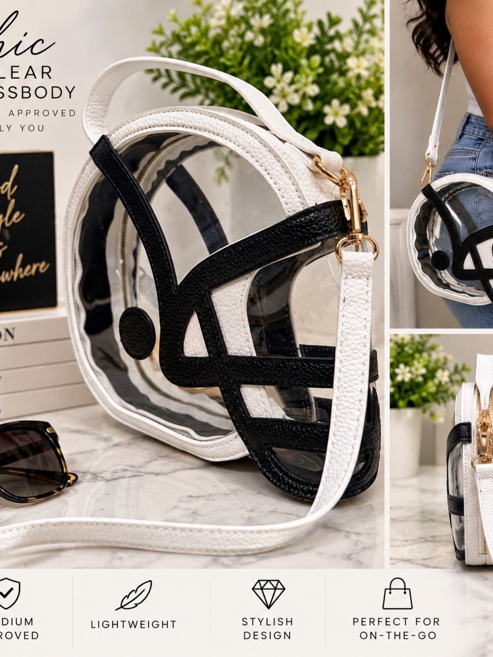 Stadium approval Clear Round Crossbody Bag in White & Black